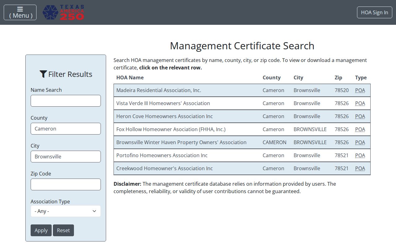 Brownsville neighbors Texas HOA management certificate search results
