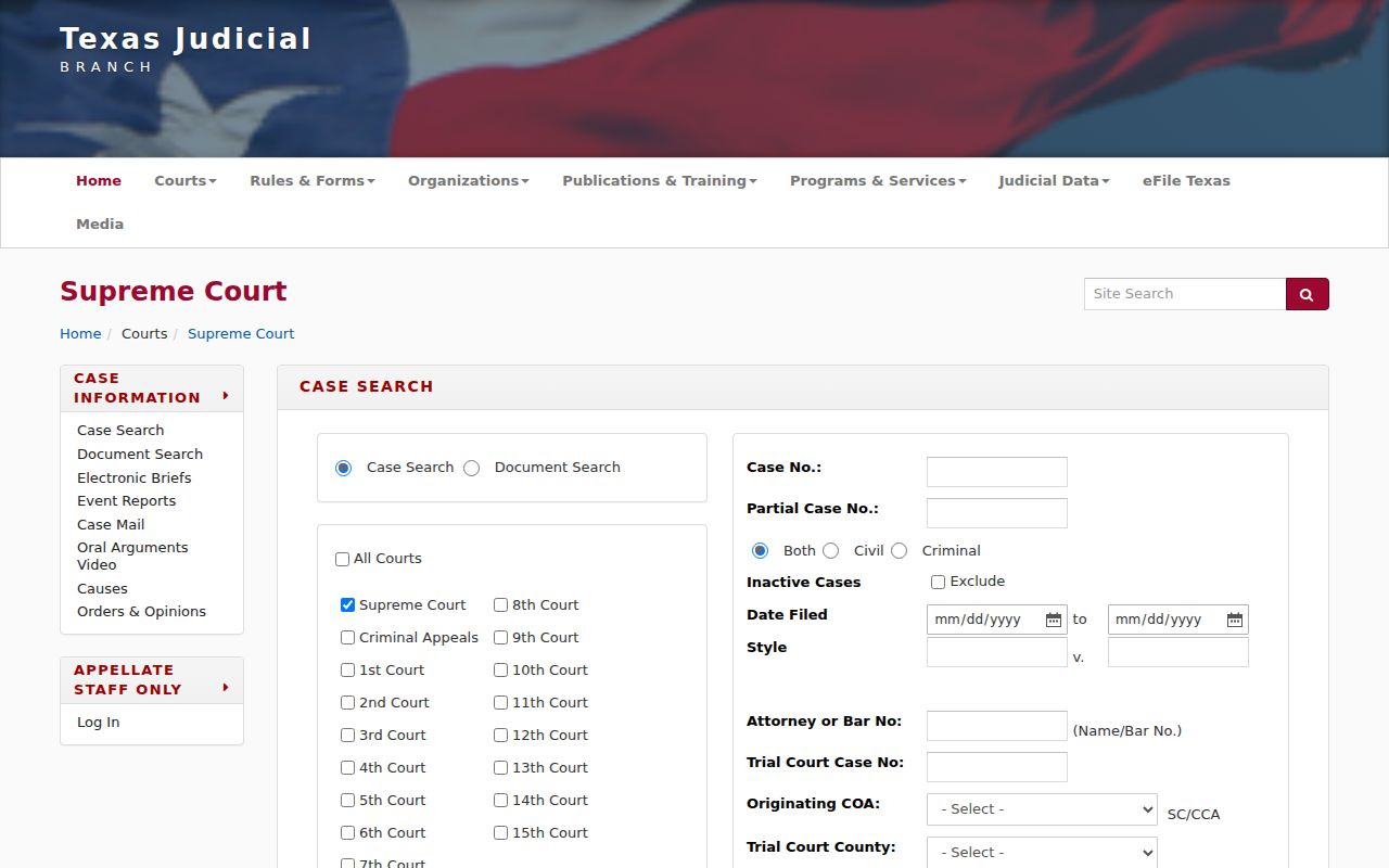 Brownsville resident lookup with Texas court case search fields